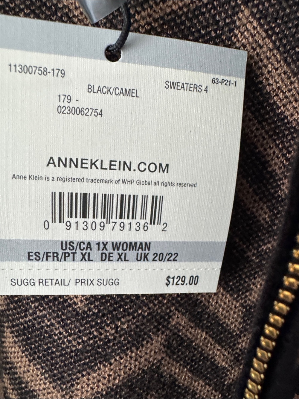Anne Klein Black and Tan Geometric Zip-Front Turtleneck Sweater - Picture 3 of 9